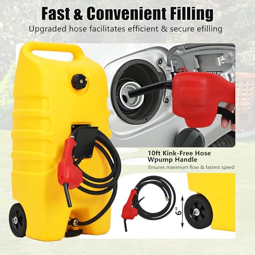 EcoExplorer 14 Gallon Gas Caddy, 53l Portable Fuel Tank and Fuel Transfer Pump with 10-Foot Hose for Lawn Mower, Farm, Marine, and Home Use, Yellow