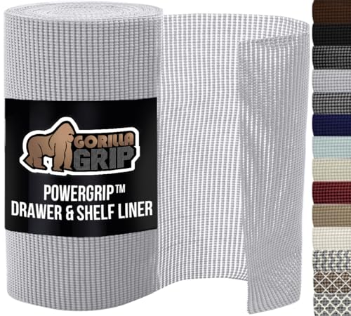 GORILLA GRIP powerGRIP Drawer Shelf and Cabinet Liner, Thick Strong Hold, Non-Adhesive Liners Protect Kitchen Cabinets and Cupboard, Bathroom Drawers, Easy Install, Breathable Mat, 12" x10' Light Gray - color: Light Gray, style: 12" x 10'