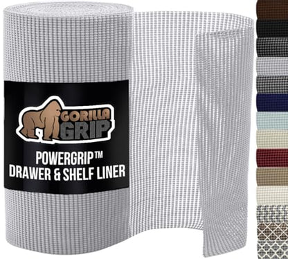 GORILLA GRIP powerGRIP Drawer Shelf and Cabinet Liner, Thick Strong Hold, Non-Adhesive Liners Protect Kitchen Cabinets and Cupboard, Bathroom Drawers, Easy Install, Breathable Mat, 12" x20' Light Gray - color: Light Gray, style: 12" x 20'