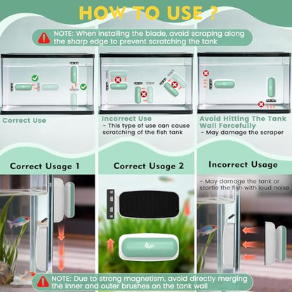 AQQA Aquarium Magnet Glass Cleaner - Enhanced Magnetic Fish Tank Cleaner with 2 Types of Blades, Self-Floating Aquarium Glass Scrubber Algae Scrapers for up to 0.5" Thick Glass/Acrylic Aquariums (M)