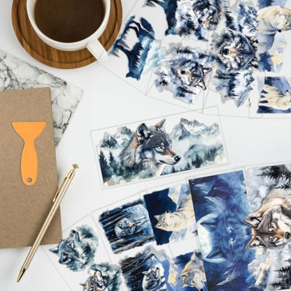 arricraft 10 Pcs Wolf Theme Cup Printing UV Transfer Papers, 10 Styles Watercolor Wolf and Snowy Mountains PVC DIY Heat Transfer Stickers for 16 OZ Glass Cups Crafts 9.5x4.3inch - style: Wolf Theme
