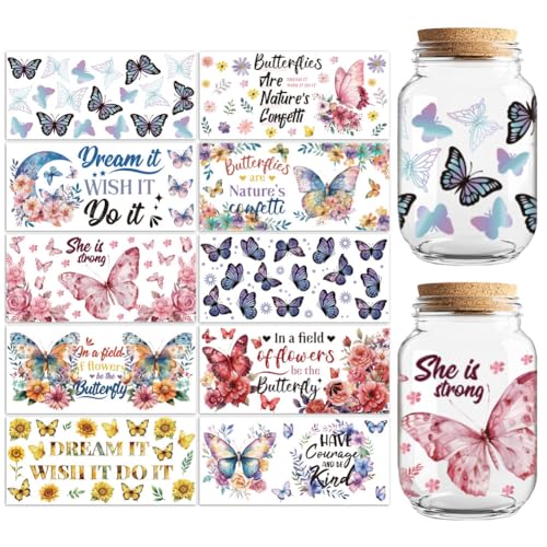 UV DTF Cup Wraps Transfer Stickers Butterflies Pattern, 10 Sheets Waterproof Custom Vinyl Transfer Sticker 16oz Coffee Glass Cup Tumbler Bottle Mug Decals for Men Women - style: Butterflies