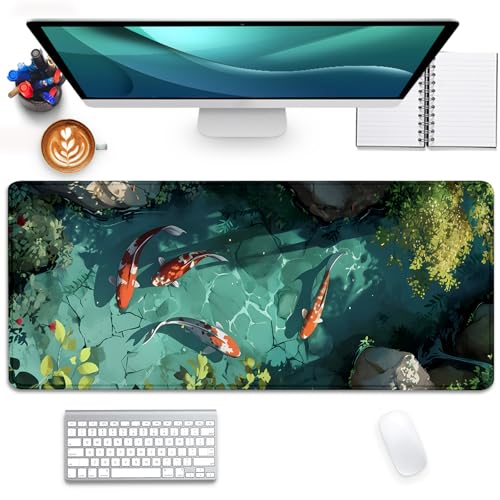 Japanese Koi Carp Fish Desk Pad Mouse Pad,Large Gaming Mouse Mat with Stitched Edges,Non-Slip Rubber Base Mous Mat for Office,Computer,Keyboard,Laptop and Home Desk Pad(27.5X11.8 in) - color: Koi in Water