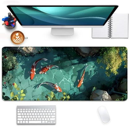 Japanese Koi Carp Fish Desk Pad Mouse Pad,Large Gaming Mouse Mat with Stitched Edges,Non-Slip Rubber Base Mous Mat for Office,Computer,Keyboard,Laptop and Home Desk Pad(27.5X11.8 in) - color: Koi in Water