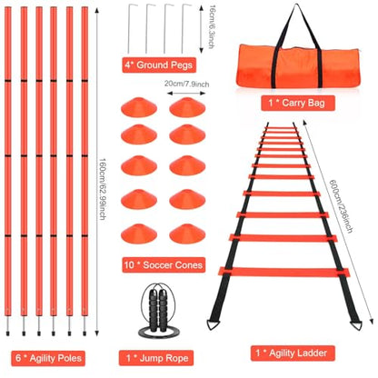 Soccer Agility Training Equipment, Includes 20ft Agility Ladder, 6 Adjustable Agility Poles, 10 Disc Cones, Jump Rope-Speed Training Set for Soccer Football Basketball Athletes