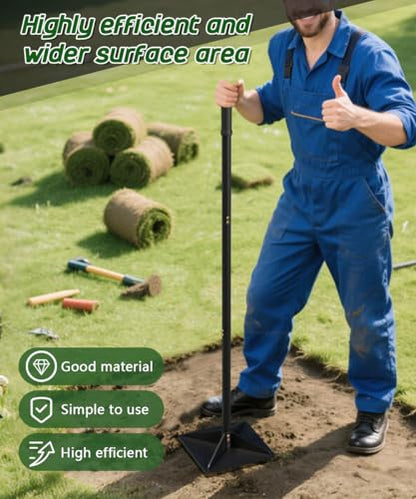 Thickened Garden Steel Tamper with 47 inch Adjustable Handle & Rubber Grip, 8"x8" Heavy Duty Soil Tamper Tool for Ground & Gravel Leveling, Steel Dirt Compactor for Yard, Sand, Driveway