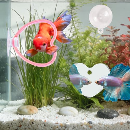 Betta Fish Toys, 2 PCS Heart Fish Exercise Ring and Nitrifying Balls Set, Heart Betta Mirror Toy Set, Feeding Ring with Suction Cup, Fishing Tank Accessories for Gifts (Pink)