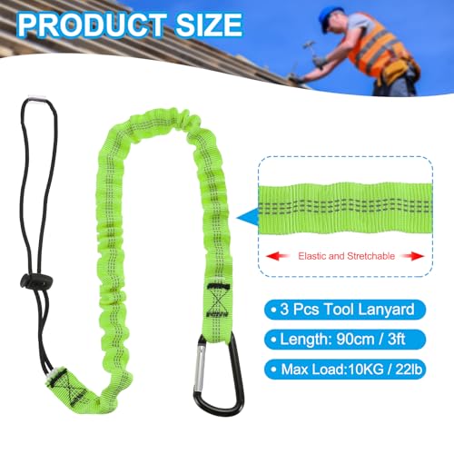 MECCANIXITY Retractable Tool Lanyard 3ft with Single Aluminum Buckle and Adjustable Loop End, Maximum Weight Limit 10KG / 22lb, Safety Fall Protection Tools Leash, Green 3 Pack - color: Green, size: 3ft