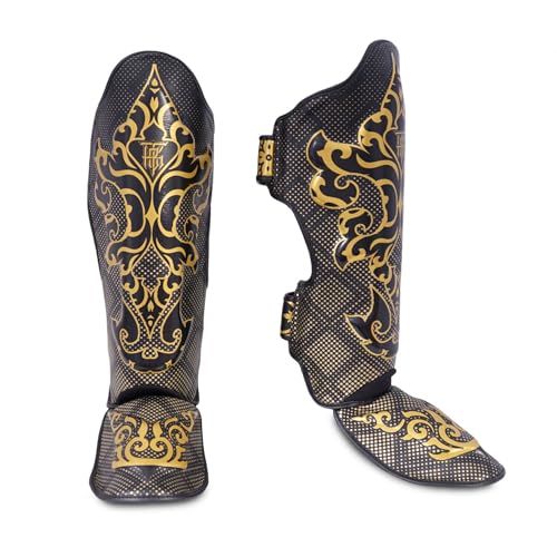 Top King New Pro Leather Shin Guards for Muay Thai - color: Black- Kanok, size: Large