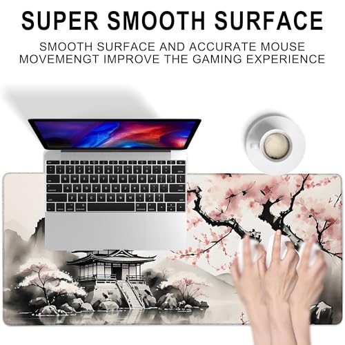 Desk Mat, Watercolor Cherry Blossom and Temple Large Extended Gaming Mouse Pad,Waterproof Non-Slip Rubber Base and Stitched Edges Desk Pad for Work Game Office Home 35.4x15.7in - color: Colour8