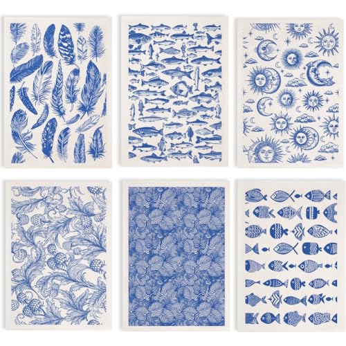 SUPERDANT 6PCS Feather Fish Leaf Underglaze Paper Transfer Sun Moon Transfer Papers for Clay Paisley Ceramic Porcelain Under Glaze Transfers for Pottery Blue Underglaze Decal Handcrafted Gifts - style: Feather Sun and Fish