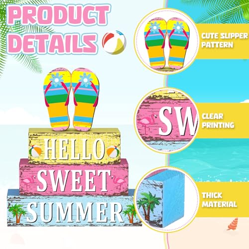 4 Pcs Summer Flip Flop Wooden Table Decorations Hello Summer Centerpiece Tiered Tray Decor Beach Farmhouse Blocks Table Top Sign for Home - style: Summer