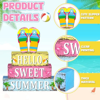 4 Pcs Summer Flip Flop Wooden Table Decorations Hello Summer Centerpiece Tiered Tray Decor Beach Farmhouse Blocks Table Top Sign for Home - style: Summer