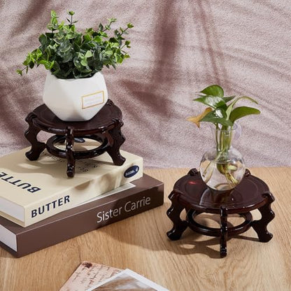 2 Pcs Wooden Plant Stands Indoor, 6.5" Diameter Chinese Oriental Decorative Sturdy Plant Stand for Vases, Planters Mini Fish Tanks (Brown) - size: 6.5 Inch