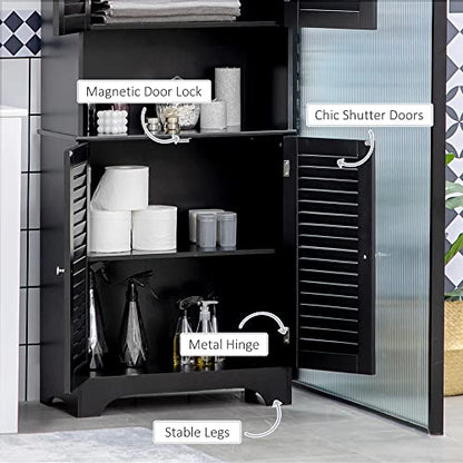 HOMCOM Tall Narrow Bathroom Storage Cabinet with Doors and Shelf Adjustability, Freestanding Linen Cabinet with 2 Cabinets and Countertop, Black