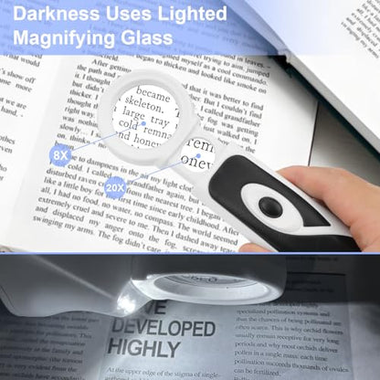 Rongon Magnifying Glass with Light 8X 20X Retractable Pocket Magnifier Loupe Handheld Magnifier for Seniors 2 LED Lights HD Lens for Reading, Jewelry, Coins Inspection, Hobby Travel