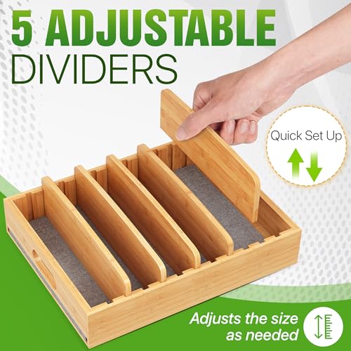 [UPGRADED] Bamboo Lid Organizer with Diatomite Base, Moisture-Absorbing Kitchen Cabinet Organizer for Food Storage Container Lid, Adjustable Pot Lid Holder Bamboo Caddy for Cabinet, Drawer, Countertop