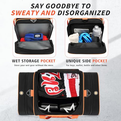 Boxing Gym Duffle Bag, Breathable Mesh Gym Bag for Boxing Gear | Ventilated Design, Wet Pocket, Privacy Pocket, Removable Shoulder Strap | Boxing, MMA, Muay Thai, BJJ & Wrestling Workout Bag - color: Orange