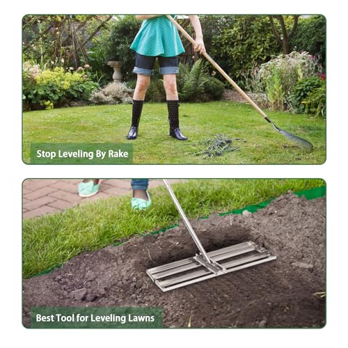 Lawn Leveling Rake - 30'' x 10'' Stainless Steel Lawn Leveler, Heavy Duty Ground Plate Rake for Yard, with Adjustable 72'' Long Handle, Effort Saving Lawn Level Tool for Farm, Garden, Golf Lawn