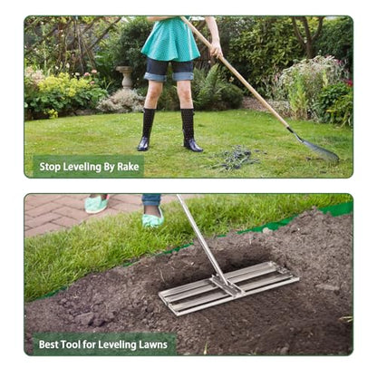Lawn Leveling Rake - 30'' x 10'' Stainless Steel Lawn Leveler, Heavy Duty Ground Plate Rake for Yard, with Adjustable 72'' Long Handle, Effort Saving Lawn Level Tool for Farm, Garden, Golf Lawn