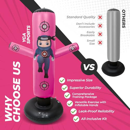 PUNCHO Punching Bag for Kids 3-12 with Boxing Gloves, Pump and Play Book - color: Pink