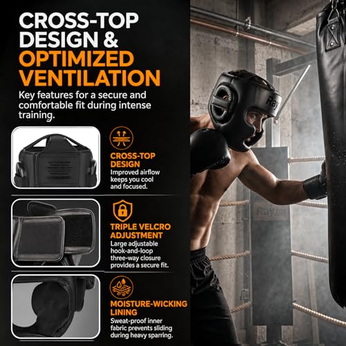 Boxing Headgear for MMA,Sparring,Muay Thai|Head Guards for Men Women | Adjustable,Lightweight,Breathable Protection,Open Face Head Gear,Fits 21-25 in,Kickboxing,Taekwondo,Karate Training Helmet - color: Black