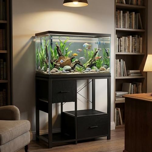 20-29 Gallon Fish Tank Stand, Aquarium Stand with Power Outlet, Heavy Duty Metal and Wood Aquarium Stand with 6-Leg Support and 4-Tier Open Storage Shelves
