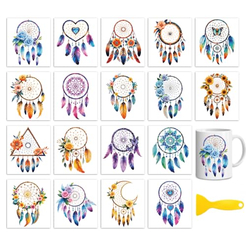 Peacoblue 18 Sheets Rub on Transfers for Crafts, Colorful Dreamcatcher Flower 3.6"x3.9" UV DTF Cup Wraps Waterproof Rub on Cold Transfers Stickers for Wood Glass Metal Cup Tumblers Mirrors Mugs Decor - style: Colorful Dreamcatcher Flower