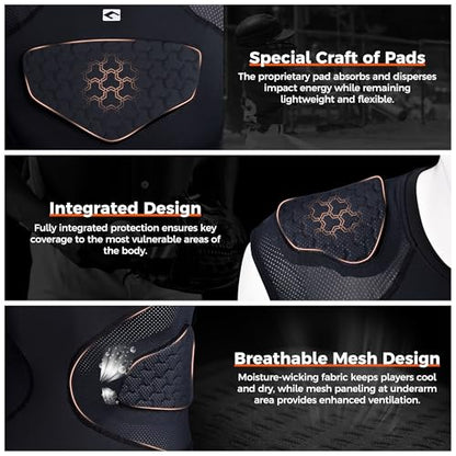 COOLOMG Youth Football Padded Shirt Chest Rib Protector - color: Black, size: Large