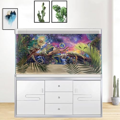 Aquarium Background with Galaxy Space Planet Design, Waterfall Landscape Tapestry Fantasy Mountain Wave Wall Tapestry Mysterious Neon Plants Fish Tank with Mushroom Design - size: 36" X 18" （90X45 cm）