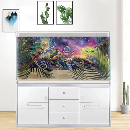 Aquarium Background with Galaxy Space Planet Design, Waterfall Landscape Tapestry Fantasy Mountain Wave Wall Tapestry Mysterious Neon Plants Fish Tank with Mushroom Design - size: 36" X 18" （90X45 cm）