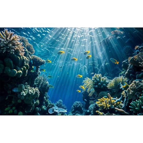Underwater Coral Reef Aquarium Background Majestic Ocean Seabed Marine Life Fish Tank Background Undersea Ocean Seaweed Sunbeams Terrarium Backgrounds Undersea Seascape Tank Backgrounds 72x16in - color: Light Blue, size: 72(W)x16(H)inches/ 180(W)*40cm(H)