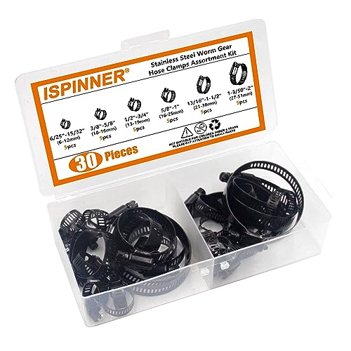 30pcs Black Hose Clamps 6-51mm(1/4"-2") Adjustable Range 304 Stainless Steel Worm Gear Hose Clamps 6 Sizes Assortment Kit for Plumbing, Automotive, Mechanical Applications (Black)