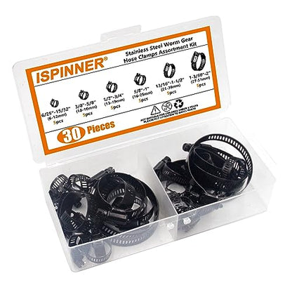 30pcs Black Hose Clamps 6-51mm(1/4"-2") Adjustable Range 304 Stainless Steel Worm Gear Hose Clamps 6 Sizes Assortment Kit for Plumbing, Automotive, Mechanical Applications (Black)