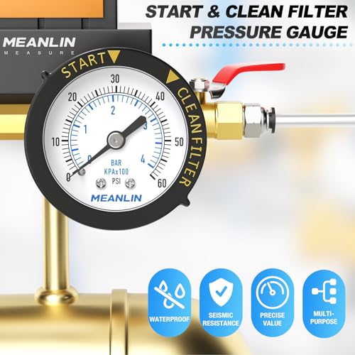 MEANLIN MEASURE 0~60Psi Plastic Frame 1/4" NPT Start and Clean Filter Pressure Gauge, Suitable for Swimming Pool, Spa, Aquarium (0-60Psi/0-4BAR/KIT, Center Back Mount)