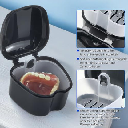 Denture Bath Case Retainer Cleaner Case with Strainer Basket, Denture Cup Dental Retainer Holder Case for Soaking Mouthguard Cleaning Storage Box Case - Black and White - color: Black & White