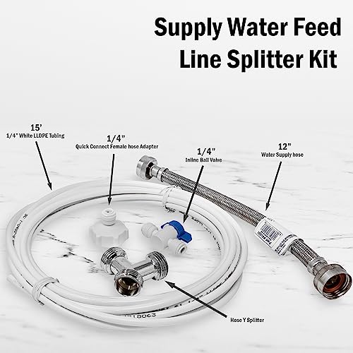Washer Laundry Water Feed Line Splitter For Water Filtration RO Deionization Aquarium System 25’ Feet X 1/4” Tubing W/Shut Off Valve And Wye Connector + Supply Hose