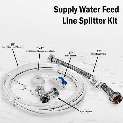 Washer Laundry Water Feed Line Splitter For Water Filtration RO Deionization Aquarium System 25’ Feet X 1/4” Tubing W/Shut Off Valve And Wye Connector + Supply Hose