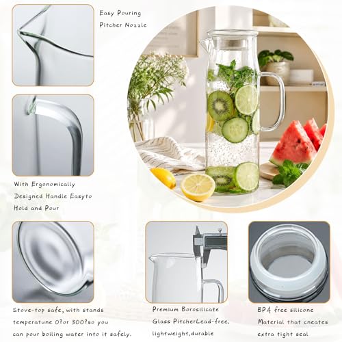 Glass Pitcher with Lid Glass Water Carafe with Handle, Fridge Water Jug Cold or Hot Beverages, Iced Tea, Milk, Juice 1500ml/51oz - color: Clear-pitcher