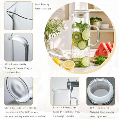 Glass Pitcher with Lid Glass Water Carafe with Handle, Fridge Water Jug Cold or Hot Beverages, Iced Tea, Milk, Juice 1500ml/51oz - color: Clear-pitcher