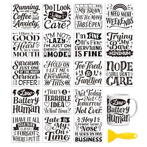 Peacoblue 18 Sheets Rub on Transfers for Crafts, Funny Satirical Quotes 3.6"x3.9" UV DTF Cup Wraps Waterproof Cold Transfers Stickers for Wood Glass Metal Cup Tumblers Mirrors Mugs Home Decor