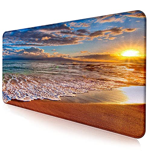 Sunset Beach Large Gaming Mouse Mat with Stitching Edges, Office Desk Mat | The Surface Of The Mouse Pad Is Designed With Fiber Woven Material, And The Base Is Made Of Natural Anti Slip Rubber. - color: Beach at Sunset