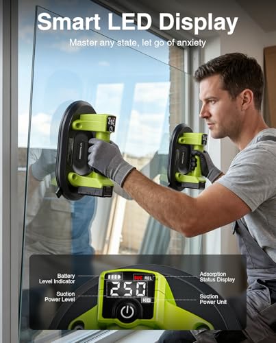 Taskstar Electric Suction Cup for Glass, 550LBS Max Load | 10" Tile Suction Cup Tool with 4X 3000mAh Batteries, LCD Display, Vacuum Lifter for Moving Mirror/Window/Stone/Metal - color: Gass Green