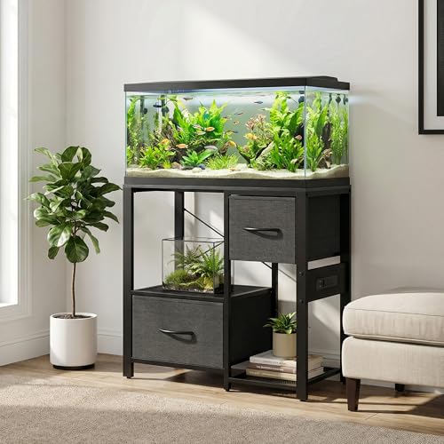 20-29 Gallon Fish Tank Stand, Aquarium Stand with Power Outlet, Heavy Duty Metal and Wood Aquarium Stand with 6-Leg Support and 4-Tier Open Storage Shelves
