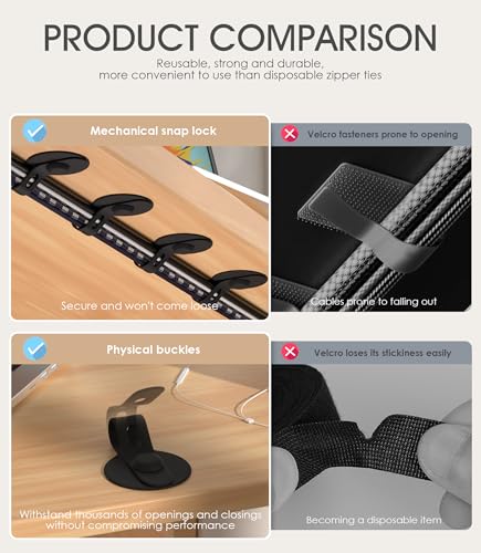 Cable Management Under Desk, Adjustable Self-Adhesive Silicone Cable Ties Cord Organizer, Reusable Heavy-Duty Cord Holder Under Table for Office, Home, School (10Pcs-Black)