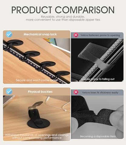 Cable Management Under Desk, Adjustable Self-Adhesive Silicone Cable Ties Cord Organizer, Reusable Heavy-Duty Cord Holder Under Table for Office, Home, School (10Pcs-Black)