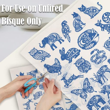 SUPERDANT 5 Pcs Blue Jungle Animal Ceramic Transfer Paper Underglaze Water Decal Ceramic Decal Paper Pottery Transfer Sheet for Plate Cup Vase Decoration Blue - style: Jungle Animals