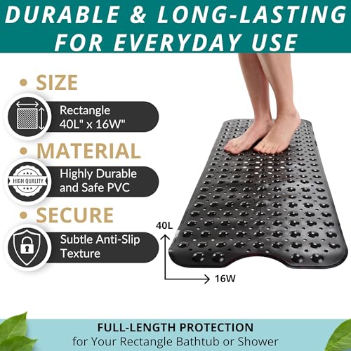 Bath Mat – 40 x 16 Inch Extra Long Non Slip Bathtub Mat – Anti Slip Black Shower Mat with Suction Cups – Bathroom Mat for Tub and Smooth Shower Floors (Black 40x16) - color: Black