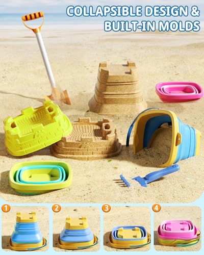 Beach Toys Set, 3 Collapsible Buckets, Detachable Large Pointed Sand Shovel, Flat Shovel, Rake, Scoop, Mesh Bag, Toddler Sandcastle Kit, Travel, Beach Party, Outdoor Summer Fun