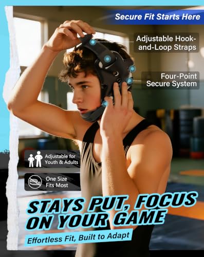Trymaker Wrestling Headgear, Youth Head Gear with Chin Cup & Pad - color: Black Headgear & Black Strap
